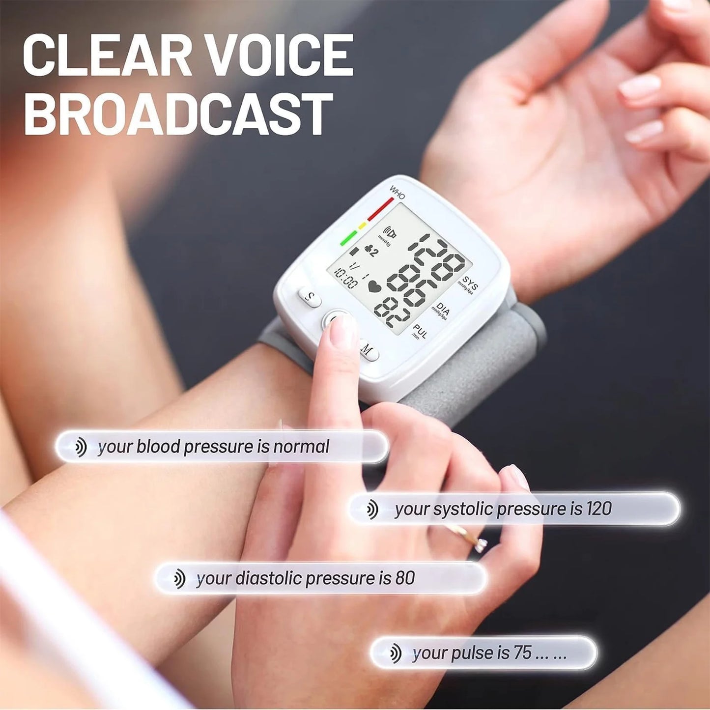 Blood Pressure Monitor, Wrist Pressure LED Display Automatic Voice Pulsometer Sphygmomanometer, Rechargable Heart Health BP Monitor for Home Travel Use,White