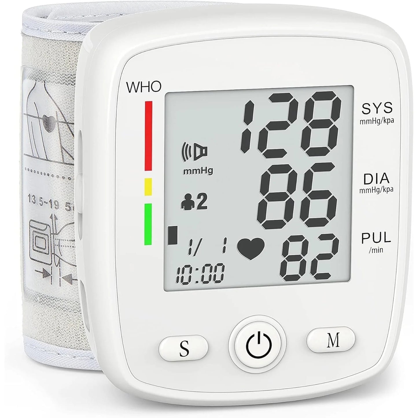 Blood Pressure Monitor, Wrist Pressure LED Display Automatic Voice Pulsometer Sphygmomanometer, Rechargable Heart Health BP Monitor for Home Travel Use,White