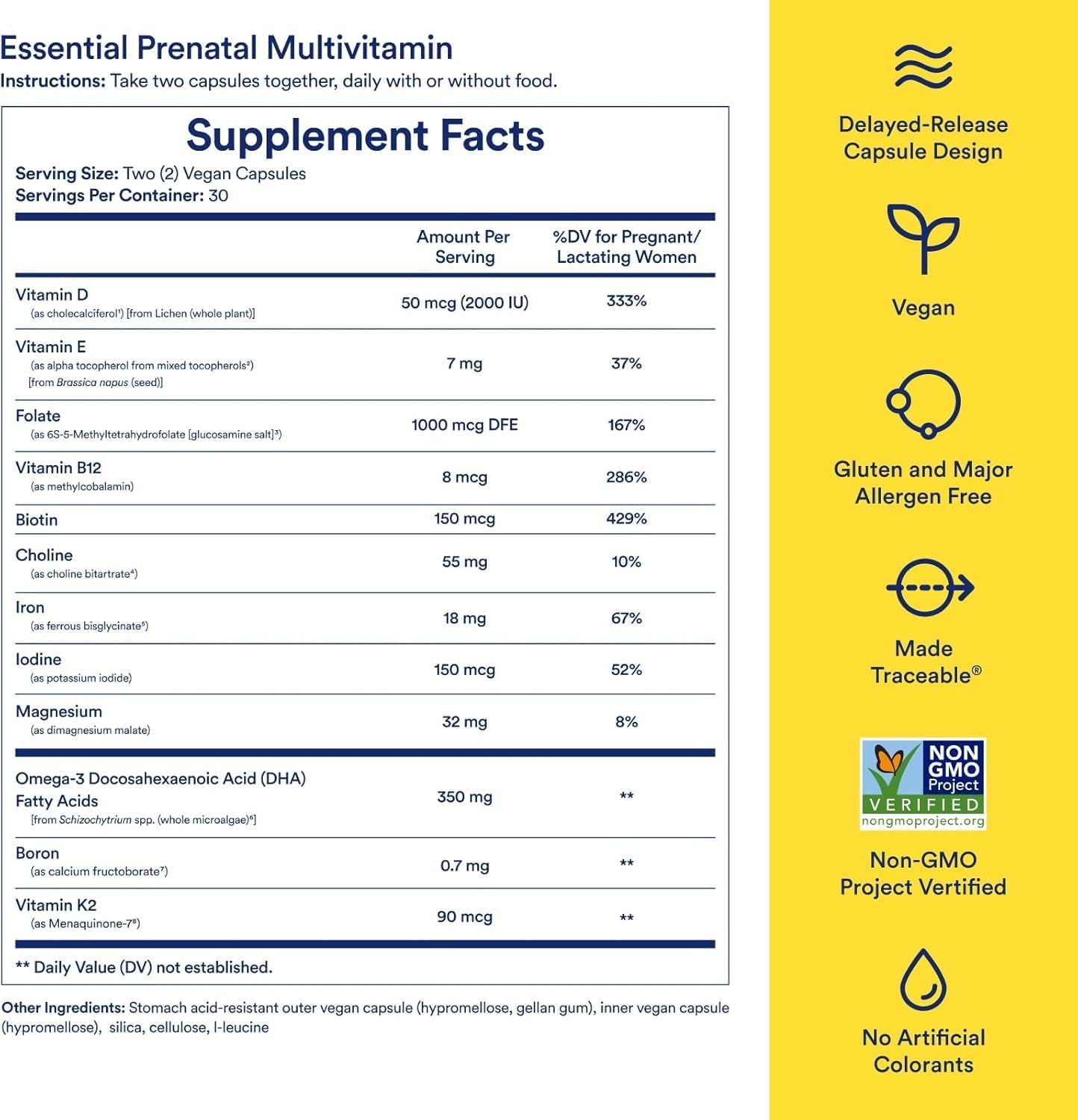 Essential for Women Prenatal Multivitamin: Folate & Choline for Neural Tube Support, Omega-3 DHA for Fetal Brain Development, Iron, Calcium-Helper D3 & K2, Non-Gmo, Vegan, Mint, 30 Days